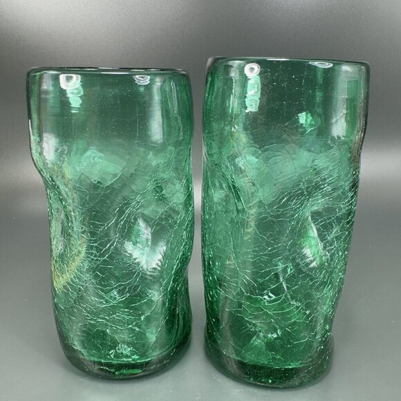 Crackle Green Glass Tumbler Pinched Dimpled Tumblers Cups Glasses Set 2 Vintage - Picture 1 of 13